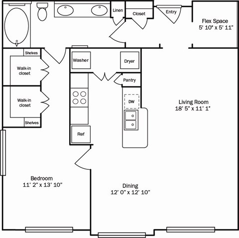 A floor plan of a house with a living room, dining room, bedroom, and kitchen.